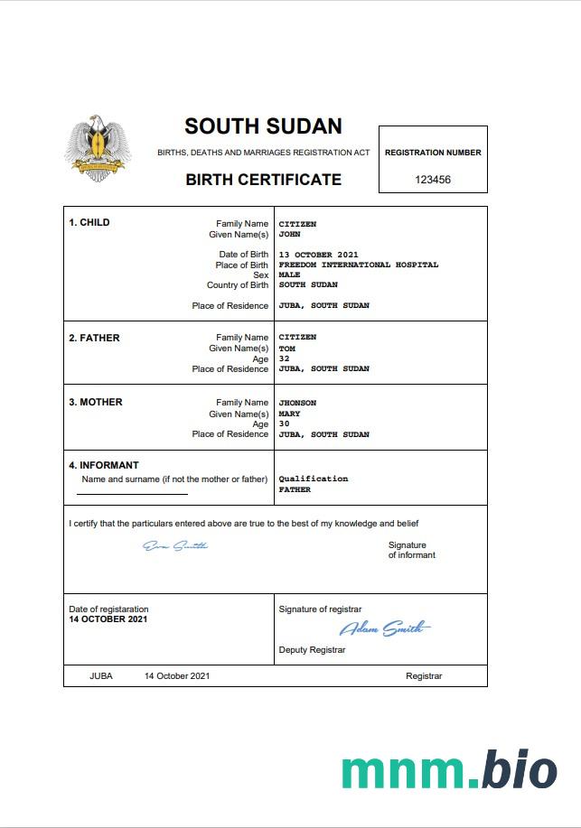 South Sudan rekord życiowy narodziny certyfikat Word i PDF szablon